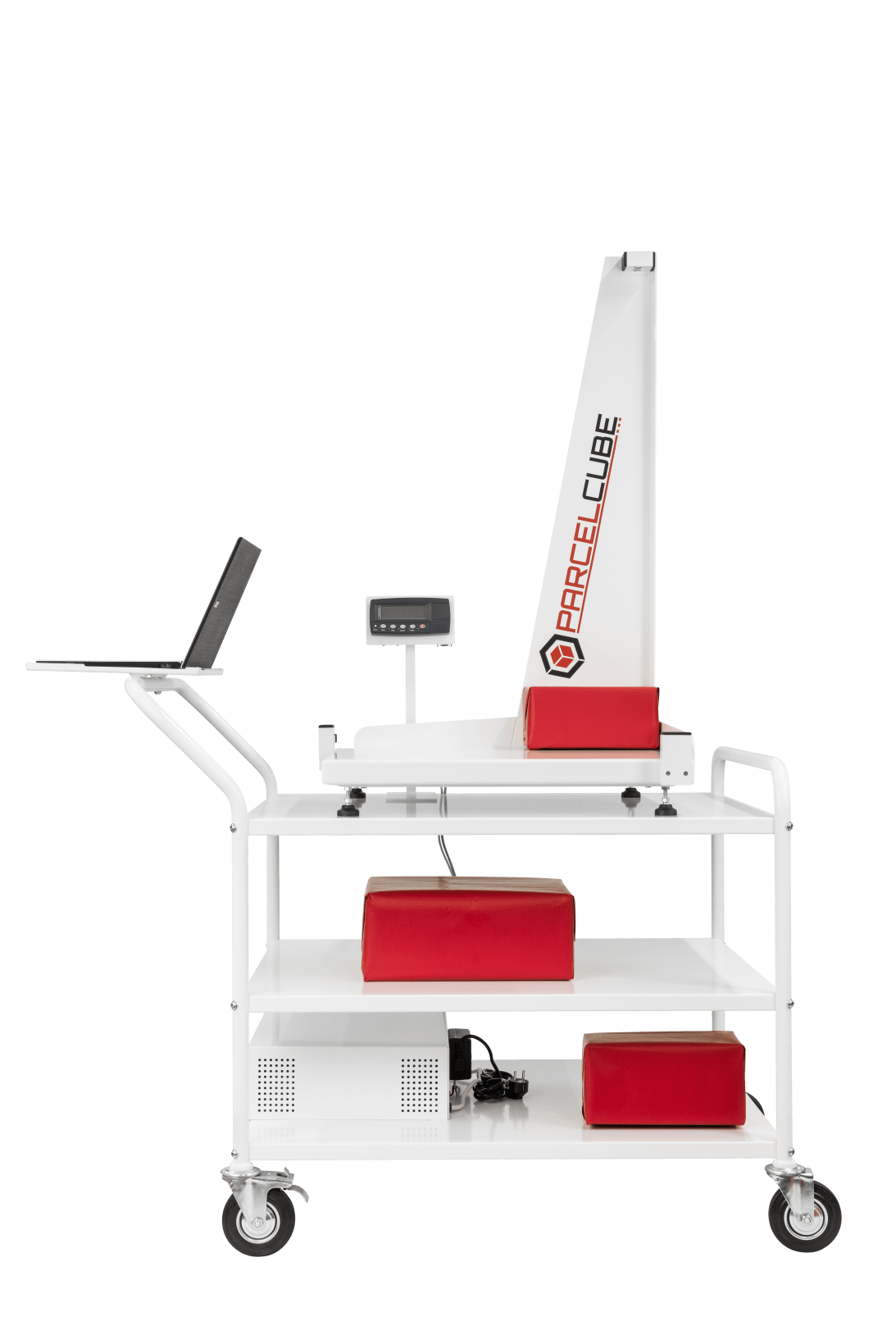 Parcelcube parcel dimensioning and weighing system mounted on the Mobile Cart for portable use in warehouses and logistics.