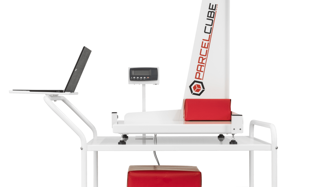 Parcelcube parcel dimensioning and weighing system mounted on the Mobile Cart for portable use in warehouses and logistics.