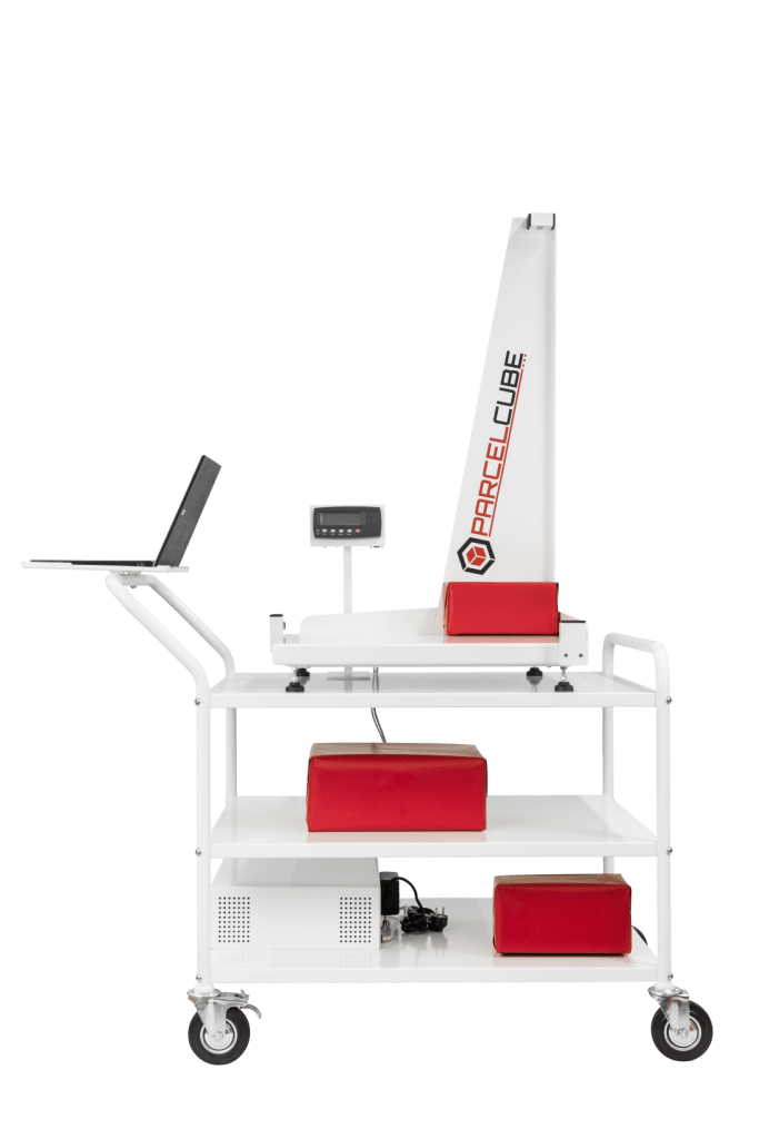Parcelcube parcel dimensioning and weighing system mounted on the Mobile Cart for portable use in warehouses and logistics.