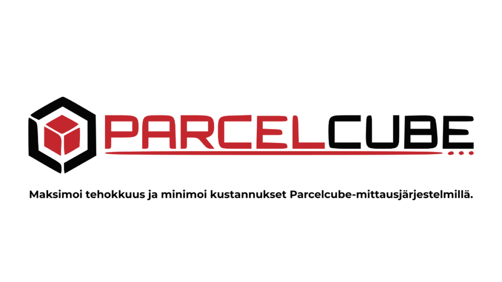 Parcelcube-logo plus slogan "Maksimoi tehokkuus ja minimoi kustannukset Parcelcube-mittausjärjestelmillä."