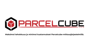 Parcelcube Tietosuojaseloste – Parcelcube-logo plus slogan "Maksimoi tehokkuus ja minimoi kustannukset Parcelcube-mittausjärjestelmillä."