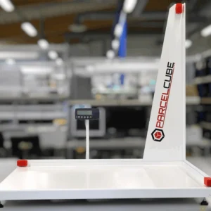 Parcelcube 1000 laser-based dimensioning and weighing system in warehouse setting.