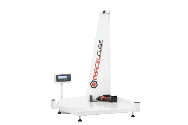 Parcelcube 900XL dimensioning and weighing an irregularly shaped power tool using measurement guides.
