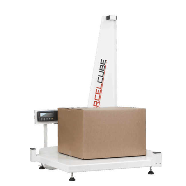 Parcelcube 900XL dimensioning and weighing a standard-shaped parcel.