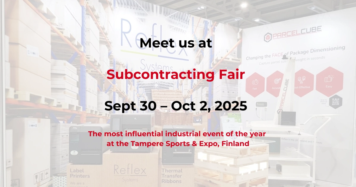 Parcelcube exhibition stand at the Subcontracting Fair 2025 in Tampere, Finland showcasing the parcel dimensioning and weighing system.