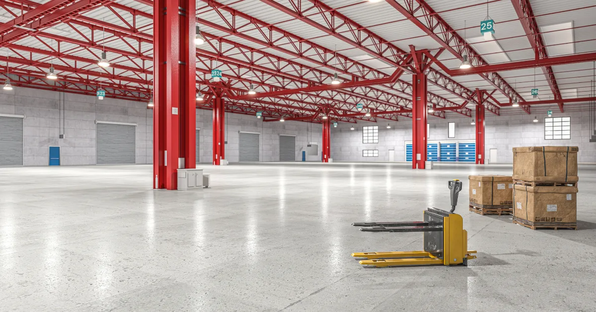 Entrepôt spacieux avec colonnes en acier rouges, palettes et transpalette, représentant des opérations organisées pendant un déménagement.